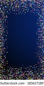 Festive bizarre confetti. Celebration stars. Colorful stars on dark blue background. Graceful festive overlay template. Vertical vector background.