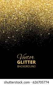 Festive black background with falling glitter confetti, golden dust. Sparkling glitter border, vector frame. Great for wedding invitations, party posters, christmas, new year and birthday cards.