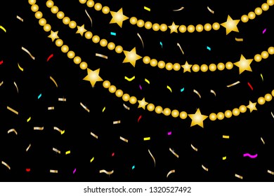 
festive black background with golden candy serpentine festoons and stars