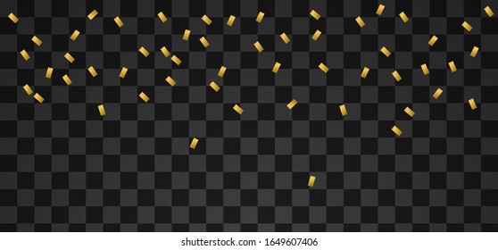 Festive black background with golden confetti. Falling confetti isolated on transparent background. Vector illustration 