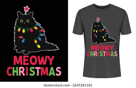 Festive Black Cat T Shirt Design with Christmas Lights and Star Topper