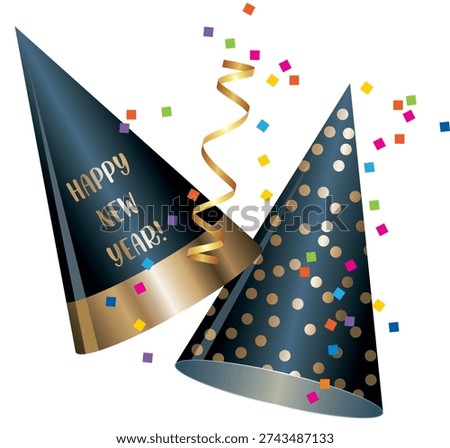 Festive black and gold paper cone hats perfect for New Year’s Eve celebrations, adding a touch of glamour and fun to parties, countdowns, and holiday events.
