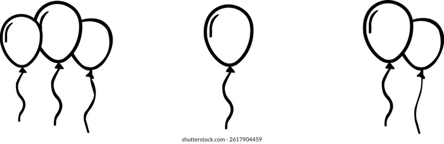 Festive black outline icons set of balloon with streamer, confetti. Layout for birthday, Christmas, anniversary, sale vectors. Party balloons with ribbon and shadow isolated on transparent background.