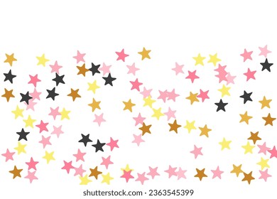 Festive black pink gold stars falling scatter illustration. Many stardust spangles xmas decoration particles. Isolated stars falling texture. Sparkle particles congratulations decor.