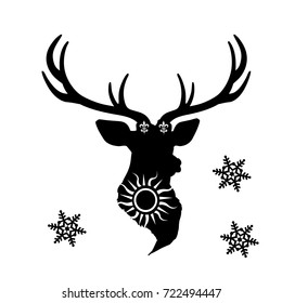 Festive black silhouette of a deer head, on a white background.vector