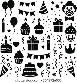 A festive black silhouette icon set featuring birthday party elements like balloons, cupcakes, candles, gifts, banners, party hats, clowns, cakes, confetti, and crowns. Ideal for party invitations.