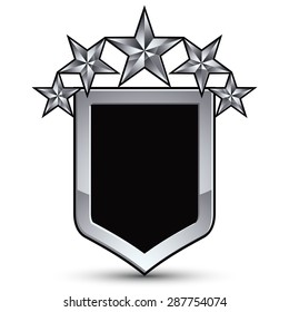 emblema vectorial negro festivo con contorno y cinco estrellas pentagonales decorativas plateadas, elemento de diseño conceptual 3d real, eps8 claros. Escudo simbólico de armas aislado en fondo blanco. Heráldico. 