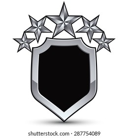 Festive black vector emblem with outline and five silver decorative pentagonal stars, 3d royal conceptual design element, clear eps8. Symbolic coat of arms isolated on white background. Heraldic.