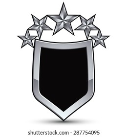 Festive black vector emblem with outline and five silver decorative pentagonal stars, 3d royal conceptual design element, clear eps8. Symbolic coat of arms isolated on white background. Heraldic  
