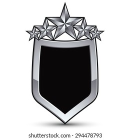 Festive black vector emblem with outline and five silver decorative pentagonal stars, 3d royal conceptual design element, clear eps8. Symbolic coat of arms isolated on white background. 

