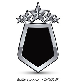 Festive black vector emblem with outline and five silver decorative pentagonal stars, 3d royal conceptual design element, clear eps8. Symbolic coat of arms isolated on white background.

