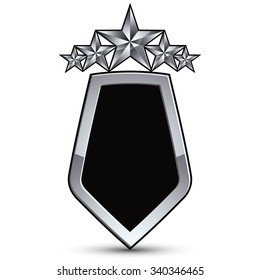 Festive black vector emblem with outline and five silver decorative stars, 3d royal conceptual design element, clear eps8. Symbolic coat of arms isolated on white background. Heraldic escutcheon.