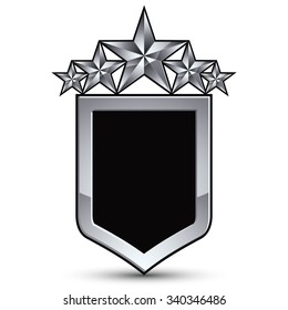 emblema vectorial negro festivo con contorno y cinco estrellas pentagonales plateadas, elemento de diseño conceptual 3d real, eps8 claros. Escudo simbólico de armas aislado en fondo blanco. Escudo heráldico.