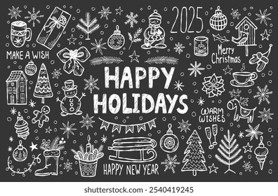 Festive black and white doodle set featuring hand-drawn Christmas elements, Happy Holidays text, and New Year 2025 message