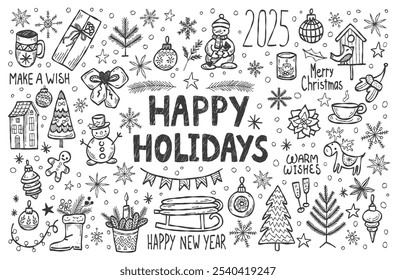 Conjunto de doodle preto e branco festivo com elementos de Natal desenhados à mão, texto de Boas Festas e mensagem de Ano Novo 2025