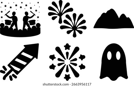 Festive Black and White Graphic Elements for Celebrations and Fun Events featuring Music Mountains Fireworks and Ghosts