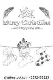 Festive black-and-white illustration of Christmas stockings, holly, and holiday greetings for coloring activities.