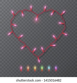 Festive blank frame with shape of heart with electric garland. Garlands colored lights Glowing lights for Valentine's day Holiday greeting card design. Realistic vector Eps 10 illustration
