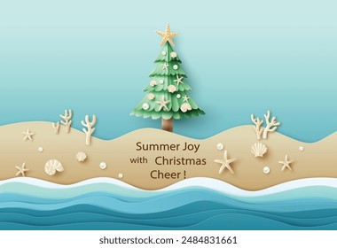 A festive blend of summer joy and Christmas cheer with a beach scene featuring a decorated tree adorned with seashells and starfish, set against a serene ocean background. paper cut art
