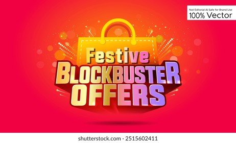 Blockbuster festivo ofrece logo con bolsa de compras. Navratri diwali Festival Venta concepto de descuento con galletas brillantes, fuegos artificiales sobre fondo rojo.