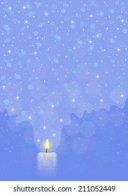 Festive blue background with burning candle, light, stars and snowflakes