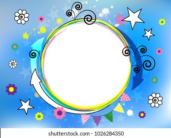 festive blue background with colorful comic elements. Abstraction. Arrows, spirals, stars, flowers. Cheerful multi-colored design. Vector illustration.