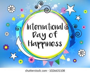 festive blue background with colorful comic elements. International Day of Happiness. Abstraction. Arrows, spirals, stars, flowers. Cheerful multi-colored design. Vector illustration.