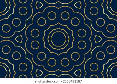 Festive blue background, cover design, banner. Geometric gold simple 3D pattern, embossing. Minimalistic ornaments, arabesques, mandala of the East, Asia, India, Mexico, Aztec, Peru. Ethnic print.