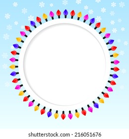 Festive blue background with frame of colored lights. Christmas. Place for your text. Card. Vector illustration.