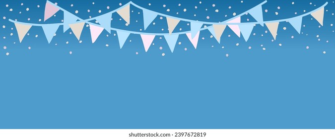 Festive blue background with hanging garlands of colorful flags and confetti.