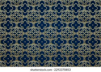 Fondo azul festivo con textura de oro islamica, persa, india, arabesca, geométrica arábiga. Estilo de cristal manchado, motivos étnicos orientales, ornamentos artísticos tribales y garabatos.