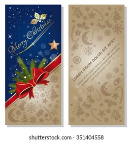Festive blue background with red ribbon and bow, and design elements for Christmas and New Year. Merry Christmas. Vector flyer template.