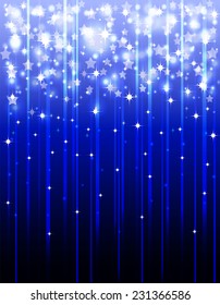 Festive , blue background with shooting stars , stripes and light effects .