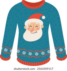 Festive blue Christmas sweater featuring a cheerful Santa Claus design, radiating holiday spirit and perfect for spreading joy during the winter season and Christmas celebrations