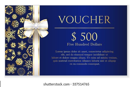 Festive blue Christmas voucher with golden snowflakes and light ribbon with decoration of diamonds