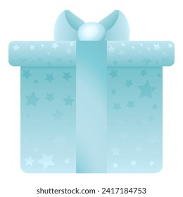 Festive blue gift box with bow. Party element with twinkling gradient stars. Cardboard packaging for gift for boys party. The boys' birthday. Isolated on white background.