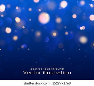 Festive blue and golden luminous background with colorful lights bokeh. Christmas concept Xmas greeting card. Magic holiday poster, banner. Night bright gold sparkles Vector Light abstract