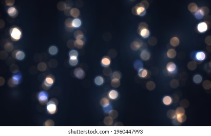 Festive blue luminous background with colorful lights bokeh. Glares with flying glowing particles. Colorful glitter. Flying magical dust for your project. Vector illustration, eps 10.
