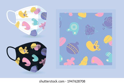 Festive blue pastel face mask mockup with modern abstract seamless pattern. New year ornament. Flat vector shapes. Texture with trendy cartoon color icons. Decorative design with graphic elements