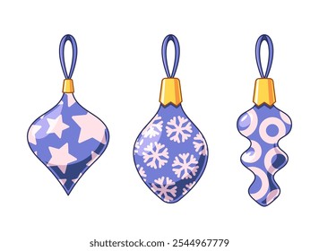 Festive Blue And Pink Christmas Tree Decorations With Three Unique Ornaments Displaying Star, Snowflake, And Abstract Designs. Perfect For Adding A Touch Of Elegance And Joy To Holiday Celebrations