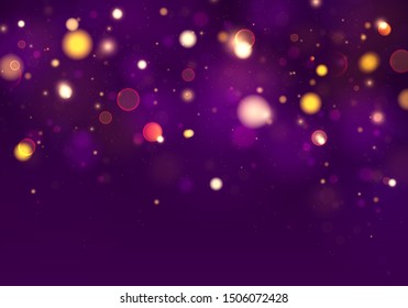 Festive blue, purple, golden luminous background with colorful lights bokeh. Christmas concept Xmas greeting card. Magic holiday poster, banner. Night bright gold yellow sparkles Vector Light abstract