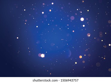 Festive blue, purple and golden luminous background with colorful lights bokeh. Christmas concept Xmas greeting card. Magic holiday poster, banner. Night bright gold sparkles Vector Light abstract