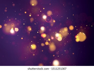 Festive blue, purple, golden luminous background with colorful lights bokeh. Christmas concept Xmas greeting card. Magic holiday poster, banner. Night bright gold yellow sparkles Vector Light abstract