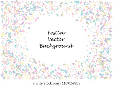 Festive blue rectangle confetti background. Abstract frame confetti texture for holiday, postcard, poster, website, carnival, birthday, children's parties. Cover confetti mock-up. Wedding card layout