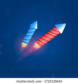 Festive blue and red rockets with white decorative lines. Dark blue background with translucent white stars.