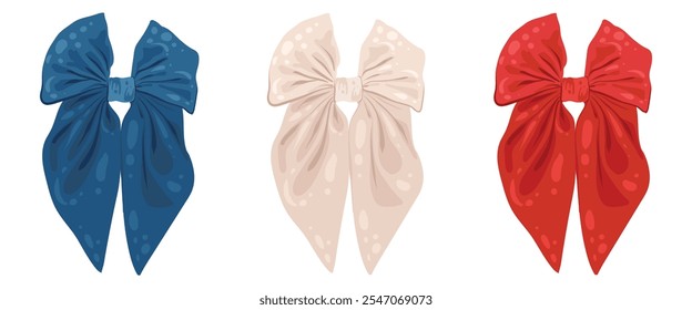 Festive blue, red and white color bows. Colors flag. Festive Bows for national holidays. Decorative element for decoration. Vector isolated Illustrations for invitations, greeting cards, posters.