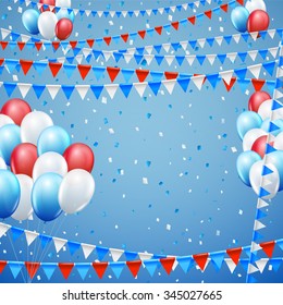 Festive blue red and white colored flags and baloon baner template, blue  background. vector illustration