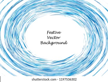 Festive blue round line background. Abstract twisted frame linen texture for holiday, postcard, poster, website, carnival, birthday, children's party. Spiral line cover mock-up. Wedding card layout