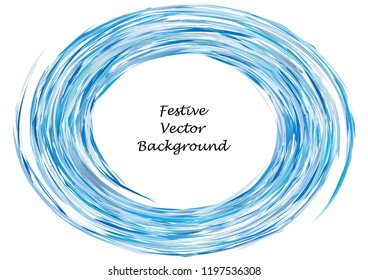 Festive blue round line background. Abstract twisted frame linen texture for holiday, postcard, poster, website, carnival, birthday, children's party. Spiral line cover mock-up. Wedding card layout