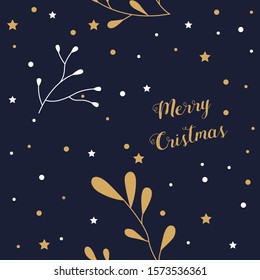 Festive blue seamless pattern. Text Merry Christmas. Winter background with snow, twigs and stars.